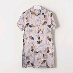 RACHEL ZOE 100% Linen Floral Button Up Shirt Dress Pockets Large Lightweight